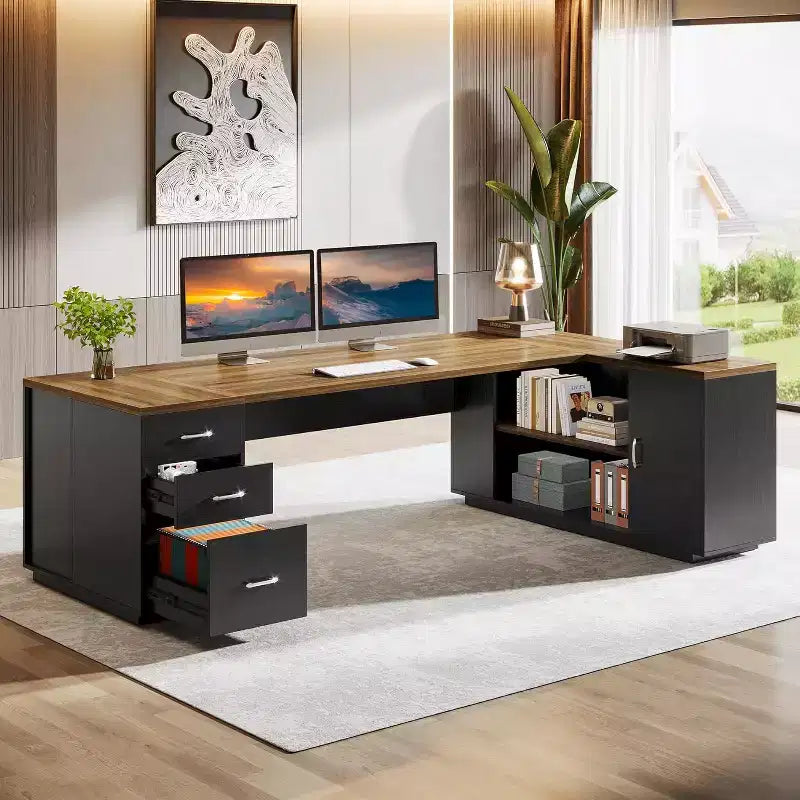 Scrivania direzionale a L Lantine 85.8, scrivania da computer da ufficio extra large con cassetti per schedari per l'home office