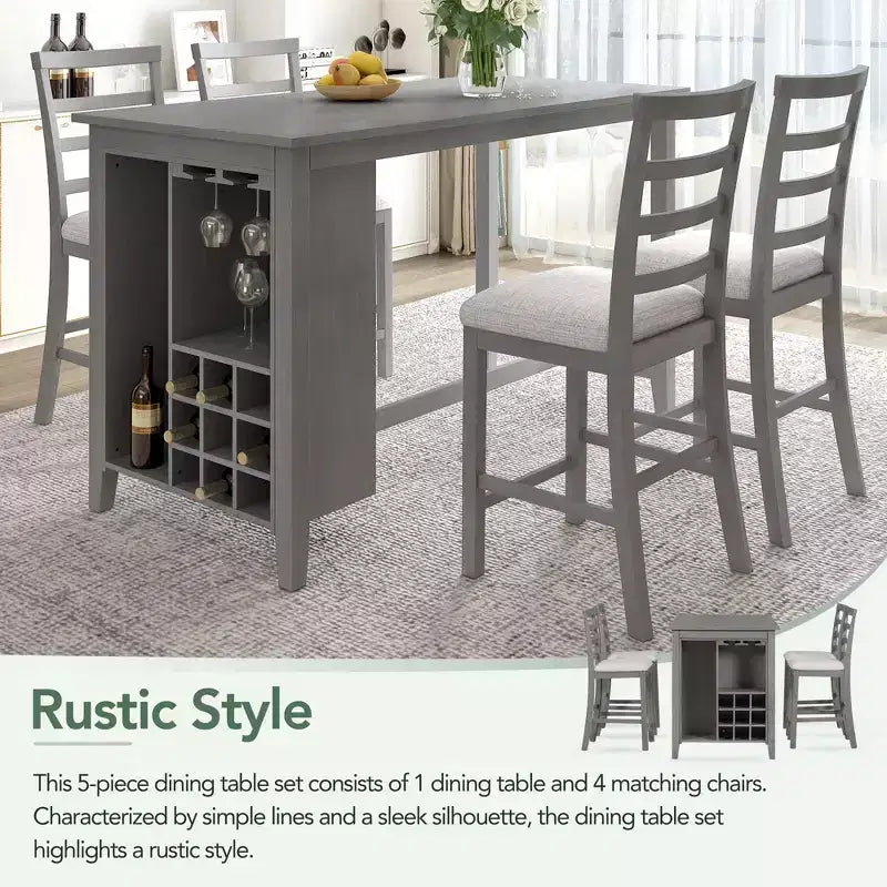 Set da pranzo da 5 pezzi in stile rustico ad altezza bancone con sedie per 4 persone, tavolo rettangolare in legno con ripiani e scomparto per bar/vino