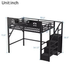 Letto a soppalco ModernLuxe matrimoniale/queen size con scale e armadio integrato, struttura letto in metallo con luci a LED, stazione di ricarica USB e ripiani portaoggetti
