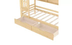 Letto a piattaforma a forma di casa con cassetti contenitori e finestra, struttura in legno massello con mensole, design giocoso per bambini, bianco chiaro