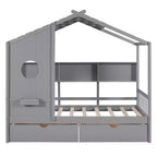 Letto a casetta in legno per bambini, piazza singola/matrimoniale, con 2 cassetti e ripiano portaoggetti - ModernLuxe