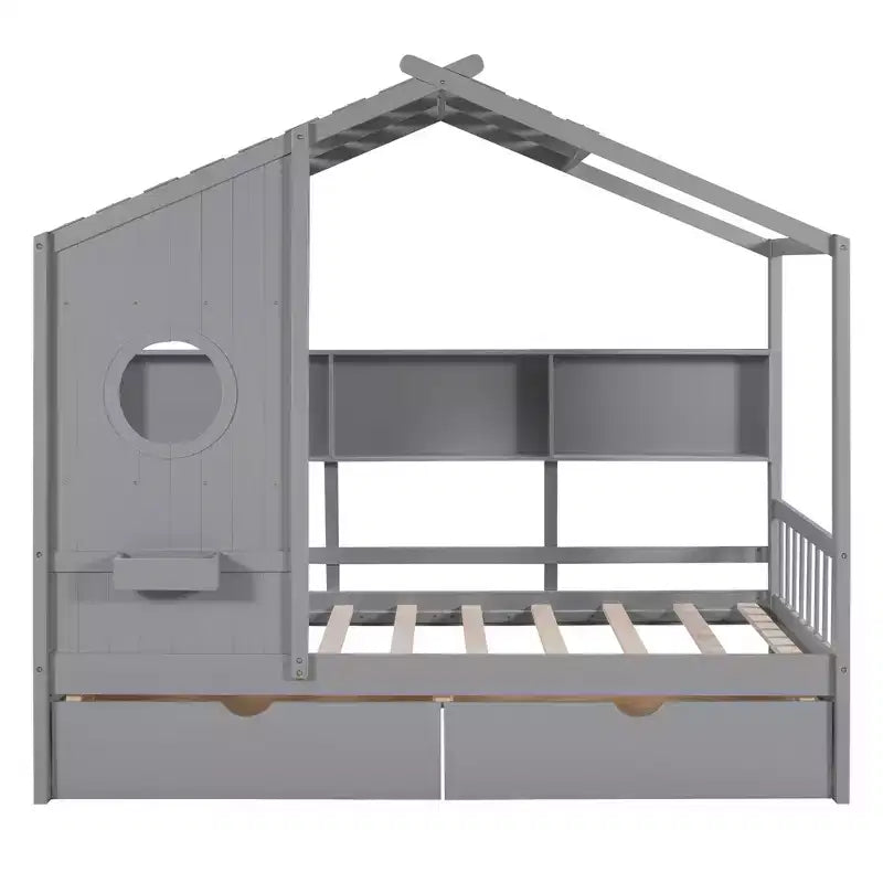 Letto a casetta in legno per bambini, piazza singola/matrimoniale, con 2 cassetti e ripiano portaoggetti - ModernLuxe