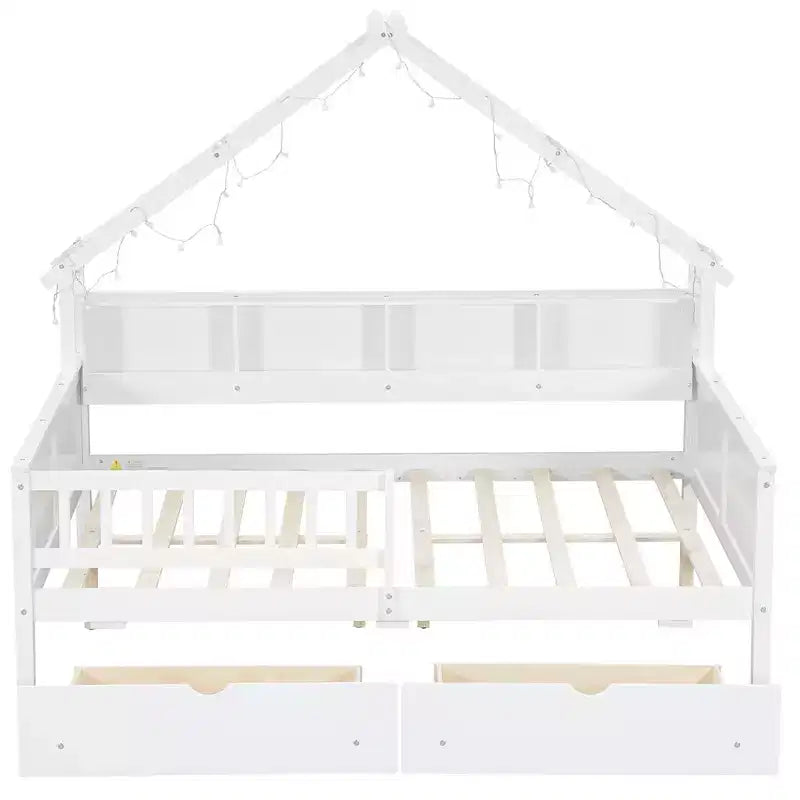 Struttura letto a casetta a grandezza naturale con cassetti, letto a piattaforma a casetta con luci LED, mensole e cassetti portaoggetti, divano letto in legno con tetto e sponda