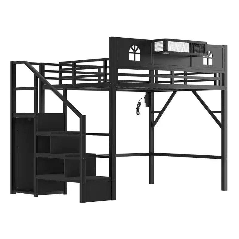 Letto a soppalco ModernLuxe matrimoniale/queen size con scale e armadio integrato, struttura letto in metallo con luci a LED, stazione di ricarica USB e ripiani portaoggetti