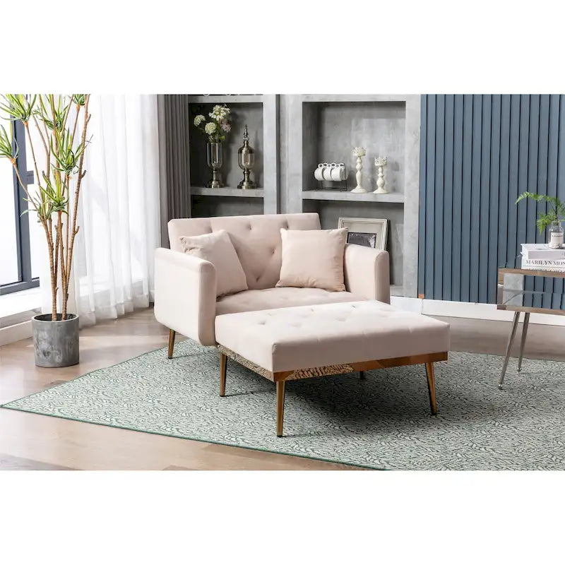 Divano letto-poltrona in velluto trapuntato con piedini color oro rosa per salotto