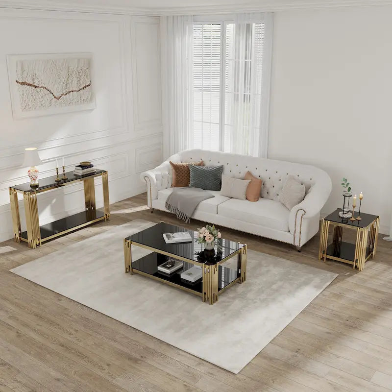 Consolle a 2 ripiani stretta con struttura in metallo con finitura dorata e piano in vetro temperato