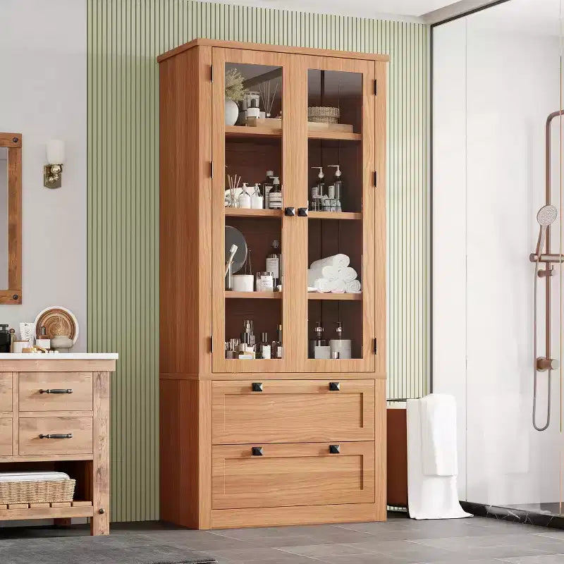 Dispensa da Cucina Coloniale con Ante in Vetro, Armadio Contenitore da 72 pollici con Cassetti e Ripiani Regolabili per Sala da Pranzo Bagno Soggiorno