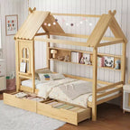 Letto a piattaforma a forma di casa con cassetti contenitori e finestra, struttura in legno massello con mensole, design giocoso per bambini, bianco chiaro