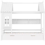 Letto a piattaforma a forma di casa con cassetti contenitori e finestra, struttura in legno massello con mensole, design giocoso per bambini, bianco chiaro