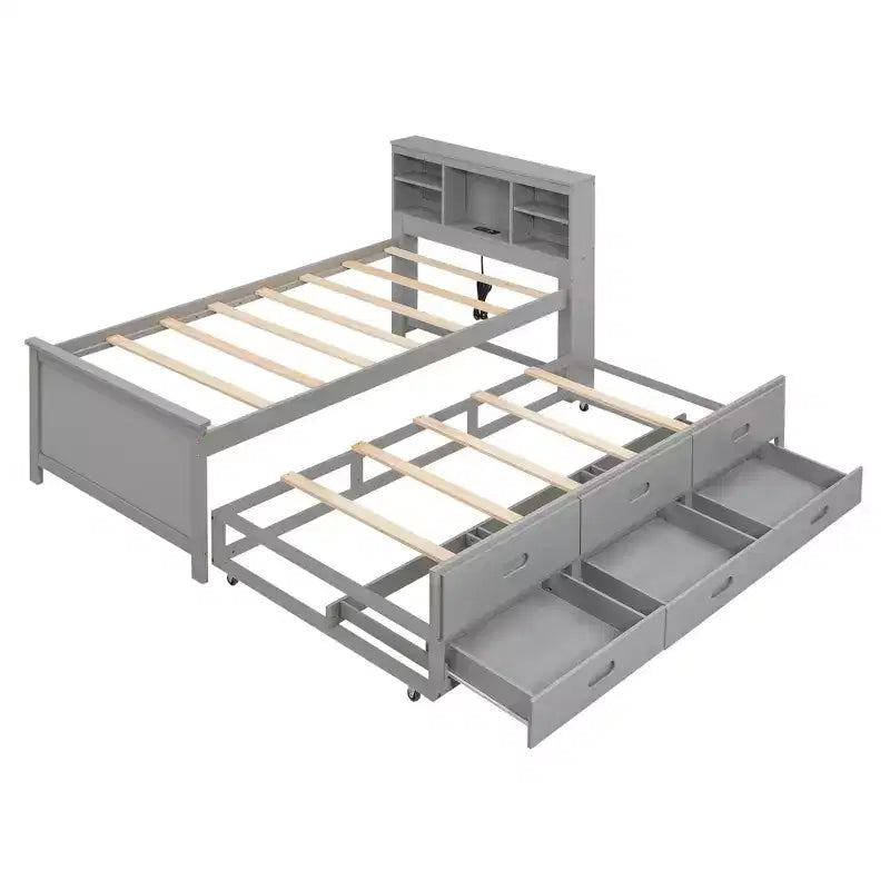 Letto a piattaforma con letto estraibile e cassetti, Letto a piattaforma contenitore con USB, Letto a piattaforma in legno con libreria
