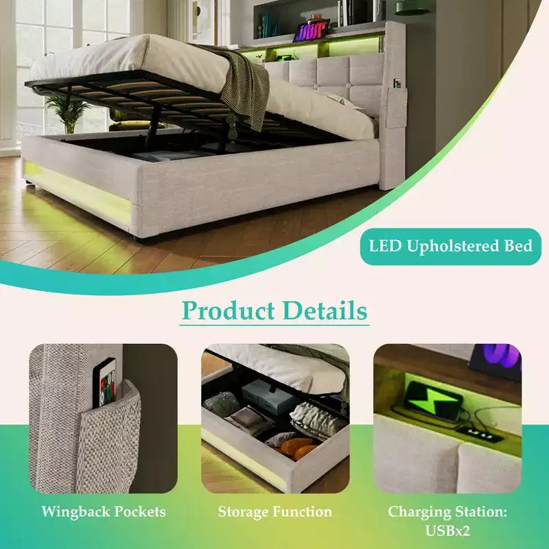 Letto Queen Size con Contenitore Idraulico, LED, USB, Testiera Imbottita, Nessuna Rete a Molle, Facile Montaggio