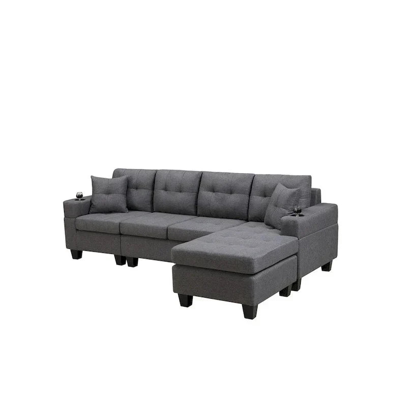 Divano componibile da soggiorno con chaise longue a L e portabicchieri