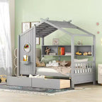 Letto a casetta in legno per bambini, piazza singola/matrimoniale, con 2 cassetti e ripiano portaoggetti - ModernLuxe
