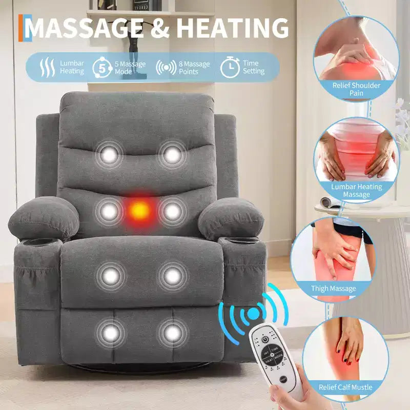 Poltrona Reclinabile Girevole a Dondolo con Massaggio e Riscaldamento, Girevole a 360° con Portabicchieri e Tasche Laterali, Divano Ergonomico per Soggiorno, Camper, Cameretta