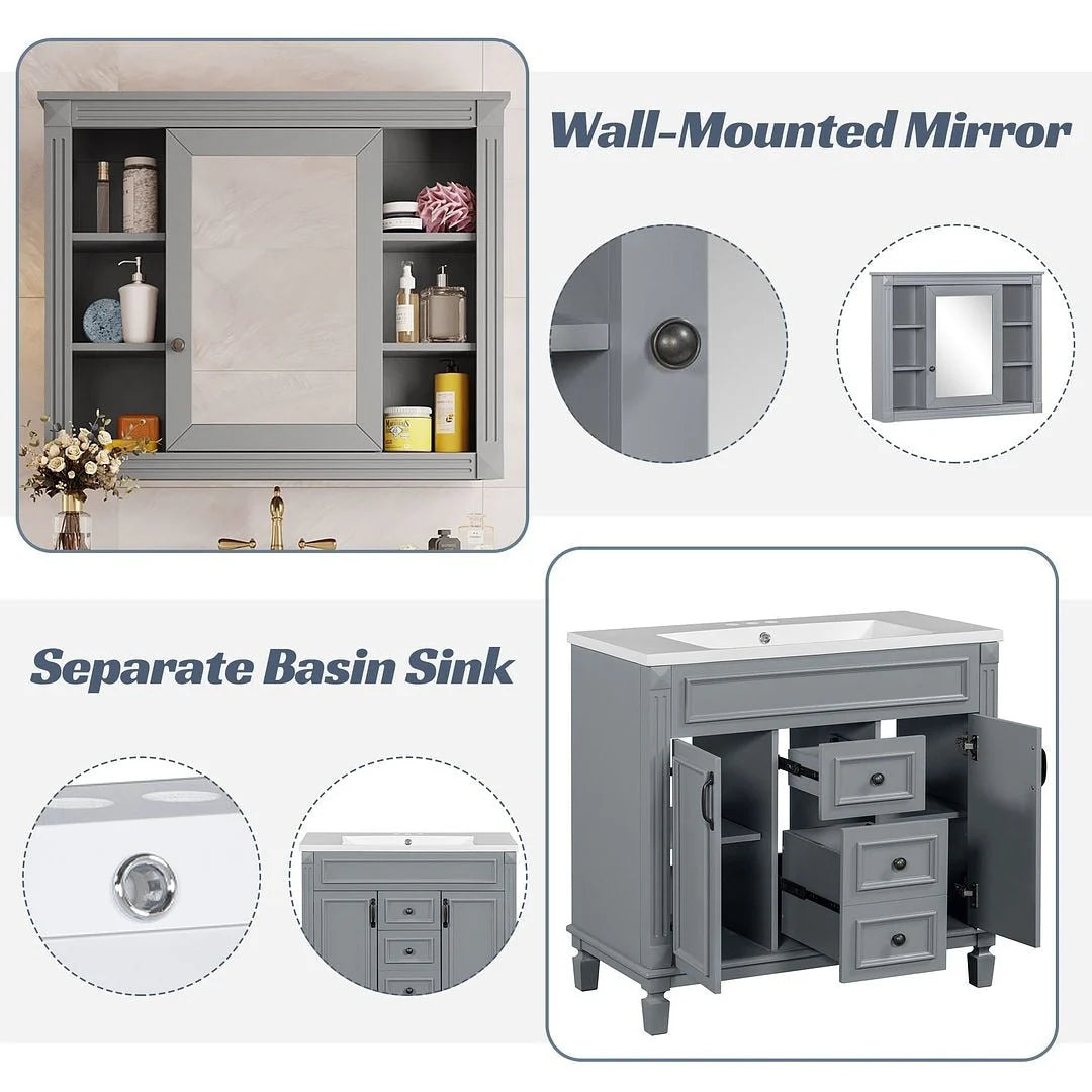Mobile Bagno Moderno da 90cm con Lavabo Integrato e Specchiera, 2 Ante e 2 Cassetti