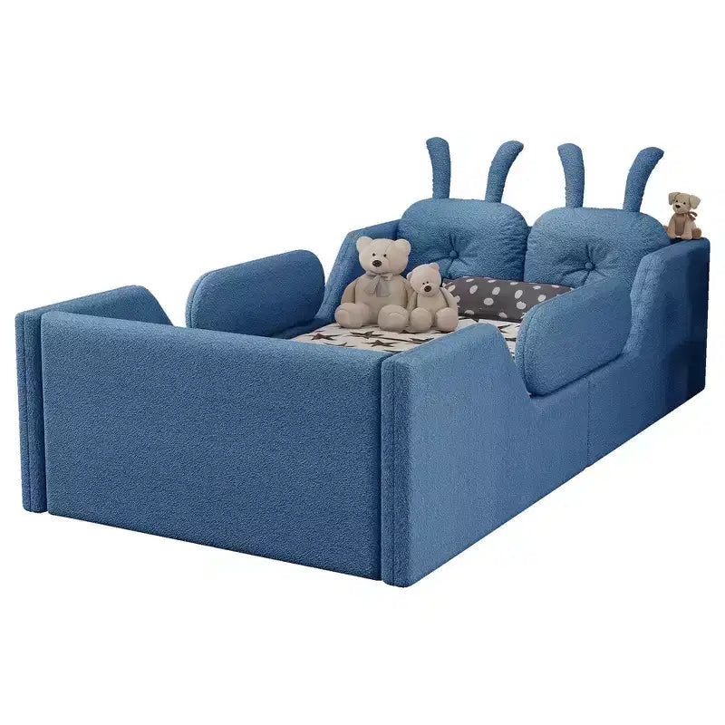 Whisen Twin - Letto a piattaforma, Letto imbottito da pavimento per bambini con cuscino a coniglio, Sponde laterali rimovibili