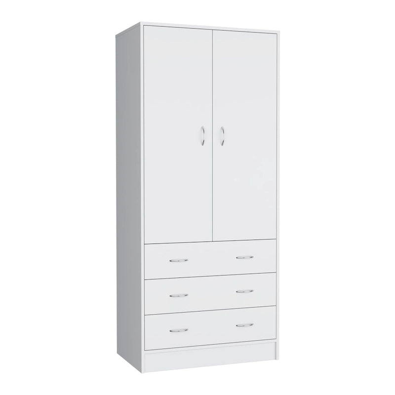 Armadio moderno a due ante con 3 cassetti e 1 bastone appendiabiti per camera da letto