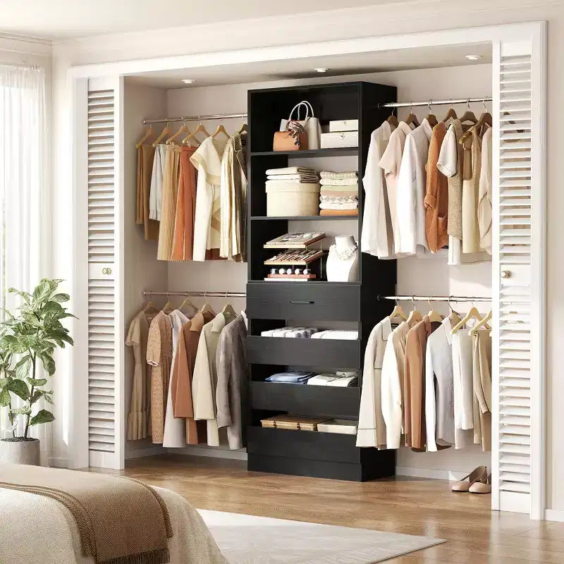 Besiost Sistema Organizer per Armadio in Legno 4-9 piedi con 4 Cassetti, 4 Aste Appendiabiti e Torri Scaffale