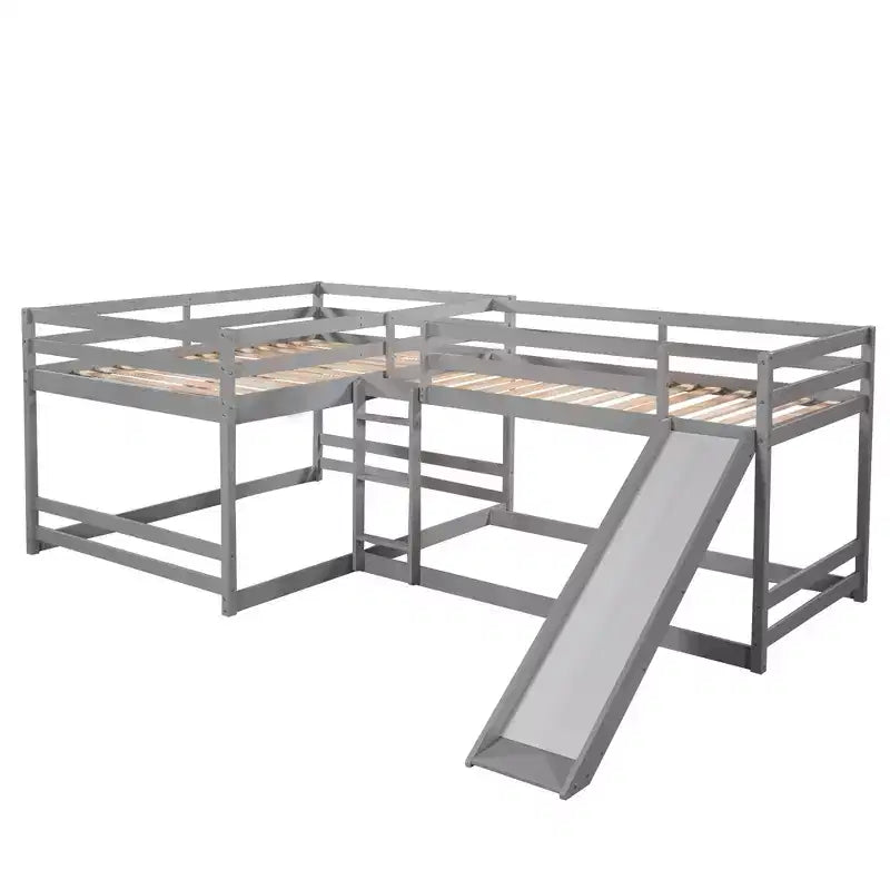 Letto a castello a L per 4 bambini, letto a castello quadruplo con scivolo, struttura in legno full e twin per cameretta dormitorio
