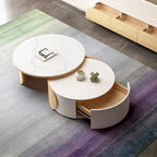 Tavolino moderno rotondo, piano in pietra, legno naturale - 50 x 31.5