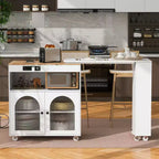Isola da Cucina con Ruote e 2 Ante in Vetro, Carrello da Cucina con Tavolo Estensibile e Prese di Corrente, Isola da Cucina con Ripiani Laterali Aperti