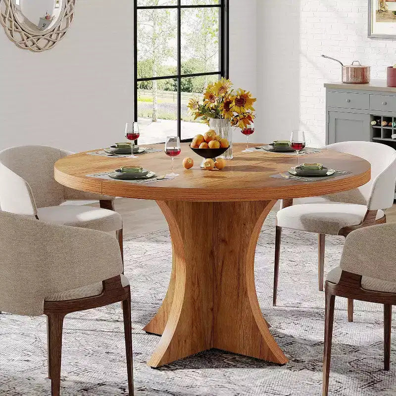 Lantine Tavolo da Pranzo Rotondo da 120 cm per 4-6 persone, Tavolo da Cucina Stile Rustico con Base a Piedistallo, Tavolino da Pranzo per Sala da Pranzo, Soggiorno, Marrone