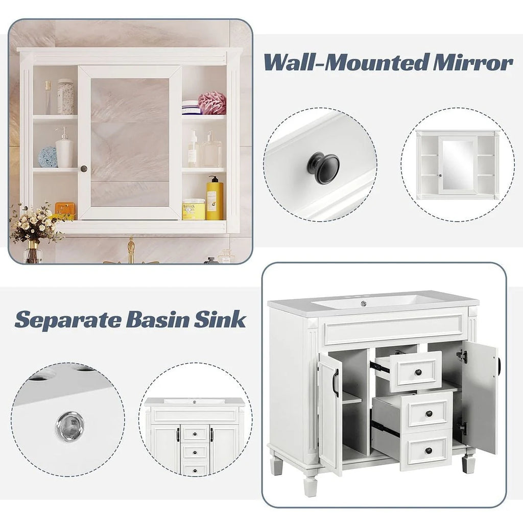 Mobile Bagno Moderno da 90cm con Lavabo Integrato e Specchiera, 2 Ante e 2 Cassetti