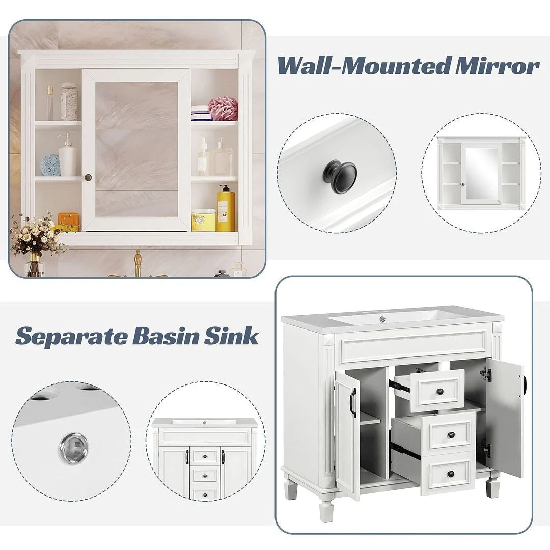 Mobile Bagno Moderno da 90cm con Lavabo Integrato e Specchiera, 2 Ante e 2 Cassetti