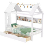 Letto a piattaforma a forma di casa con cassetti contenitori e finestra, struttura in legno massello con mensole, design giocoso per bambini, bianco chiaro