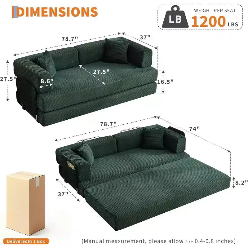 Divano letto a pavimento in velluto a coste con cuscini, braccioli e schienale convertibili, adatto per soggiorni, camere da letto e appartamenti.