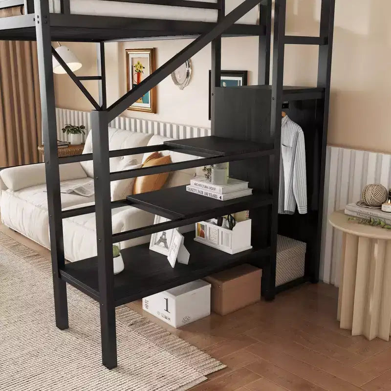 Okak 94IN Letto a soppalco singolo con armadio, letto singolo con ripiani portaoggetti e cestino, telaio letto per camera da letto, dormitorio