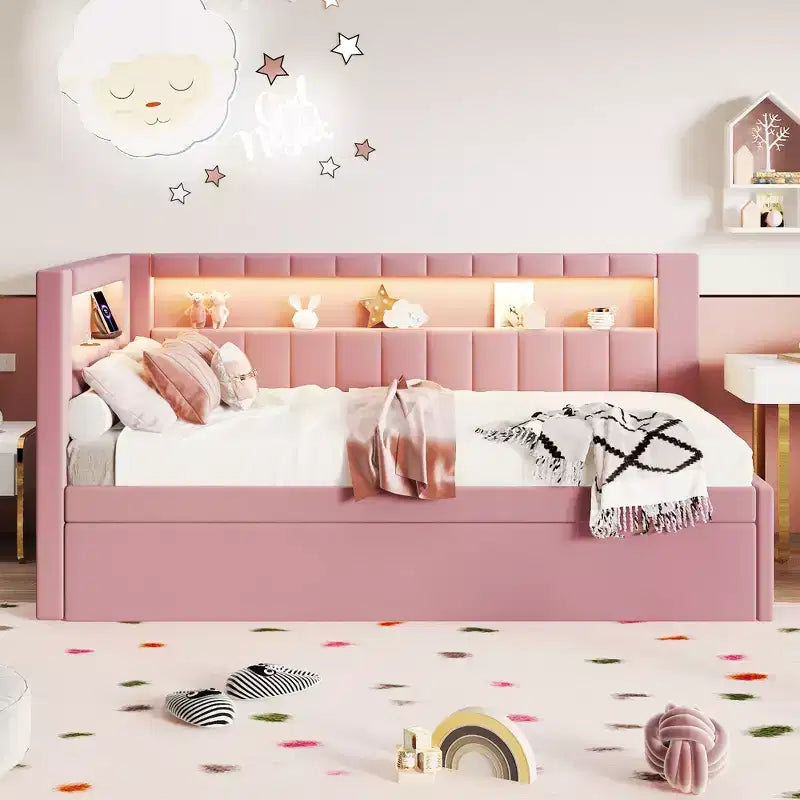 Letto da Giorno Twin/Full con Letto Estraibile e Testiera a Libreria a L, Letto Angolare Imbottito in Lino con Ripiani Portaoggetti e Cinghia a LED