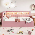 Letto da Giorno Twin/Full con Letto Estraibile e Testiera a Libreria a L, Letto Angolare Imbottito in Lino con Ripiani Portaoggetti e Cinghia a LED