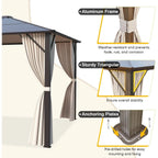 EROMMY Gazebo a tetto rigido, Pergola da esterno con doppio tetto, zanzariere e tende, Tenda da sole resistente per patio, cortile, feste in piscina