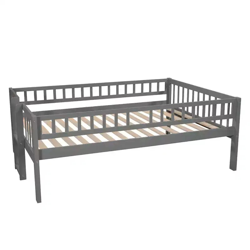 Letto a Castello Triplo Full Over Full con Scaletta Convertibile e Scivolo, Letto Triplo con Sponde di Protezione, Bianco/Grigio/Espresso - ModernLuxe