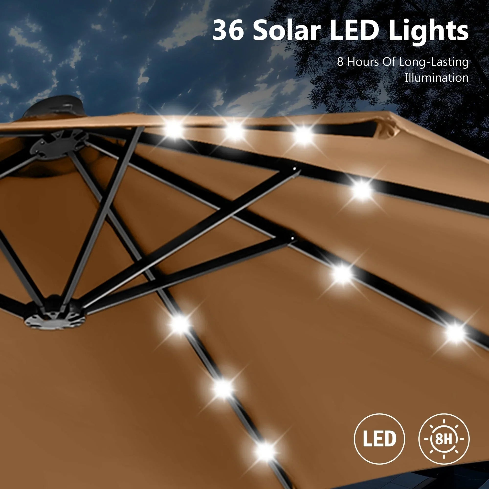 MAISON ARTS Ombrellone rettangolare da esterno a manovella con doppia falda da 4,5 metri, con luci a LED solari e base inclusa