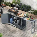 Isola cucina da esterno FAMYYT da 198,9 cm con piano di lavoro in acciaio inossidabile, stazione barbecue pieghevole e mobili contenitori, blu grigio