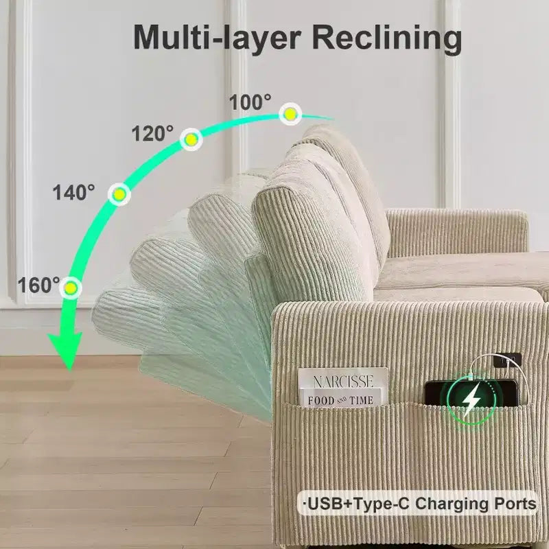 Divano Letto Estraibile 2 in 1 Dyonery con Chaise Longue Contenitore e USB, Divano Angolare in Velluto a Coste per Soggiorno