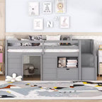 Letto a soppalco basso in legno massiccio, piazza e mezza, 94.6L x 42.3W, con scala, cassetto e mensola, design moderno e pulito
