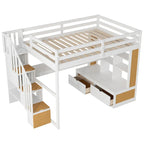 Letto a soppalco in legno massello naturale + bianco con scrivania e cassetti