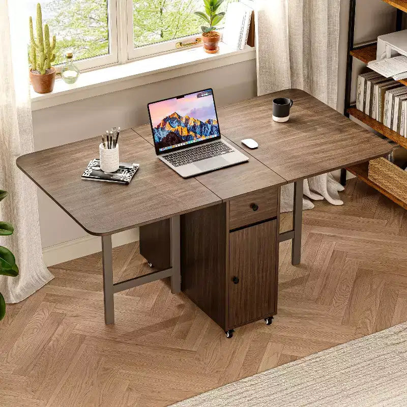 ATJafurn Tavolo da Pranzo Pieghevole da 150 cm con Ante a Scomparsa Salvaspazio, Tavolo da Cucina Rettangolare Allungabile in Legno con Ruote e Contenitore