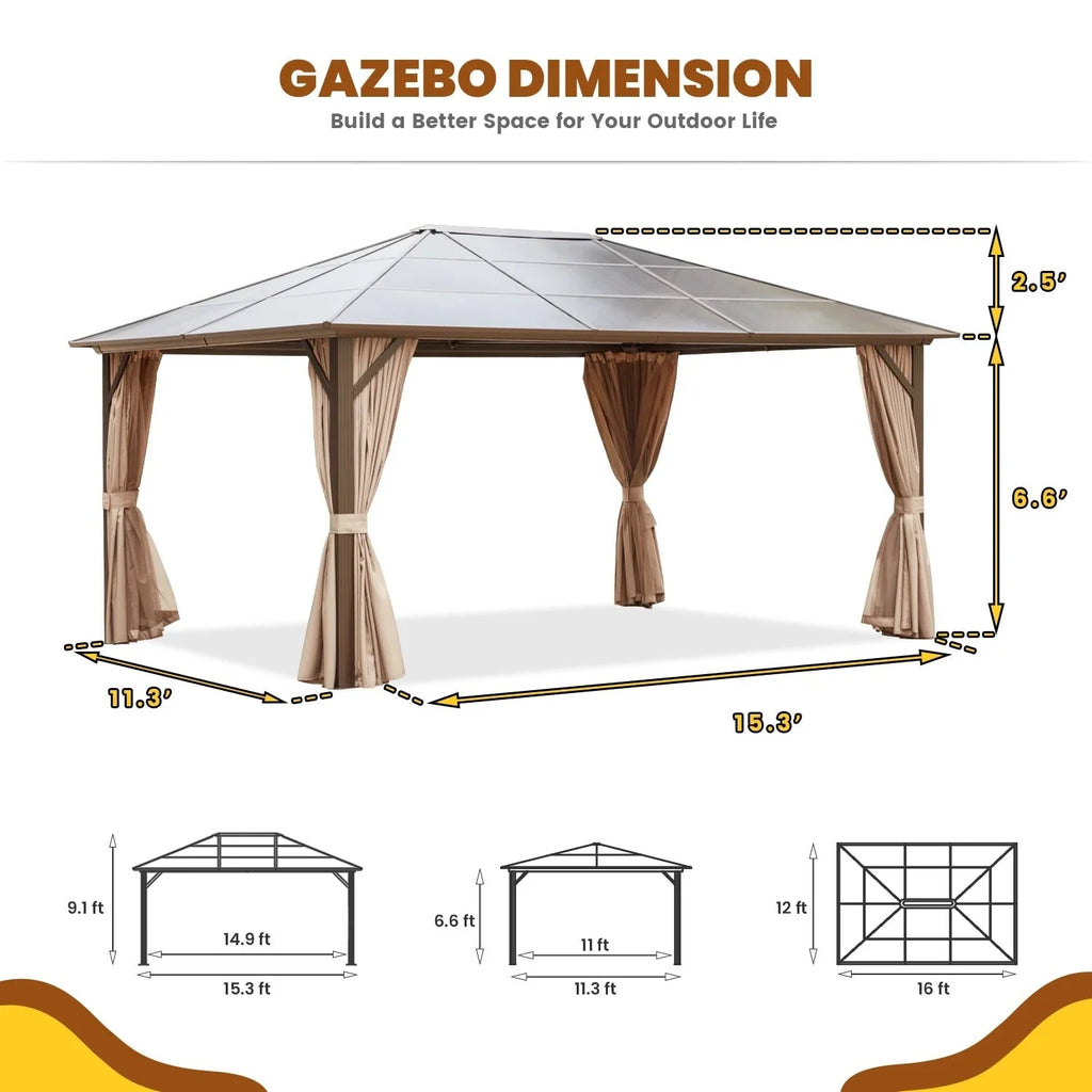 EROMMY Gazebo a tetto rigido, Pergola da esterno con doppio tetto, zanzariere e tende, Tenda da sole resistente per patio, cortile, feste in piscina