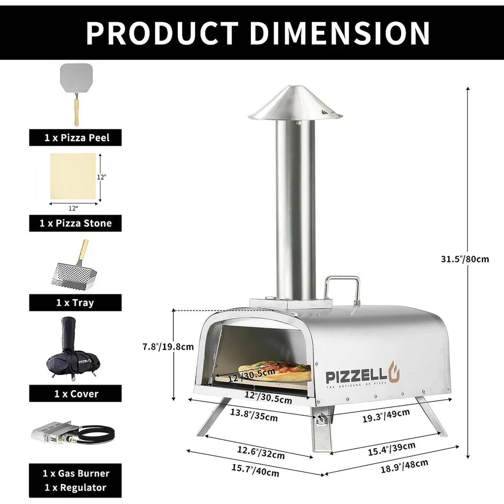 Forno per pizza da esterno multifuel per pizza con bruciatore a gas e contenitore per legna - 12 pollici