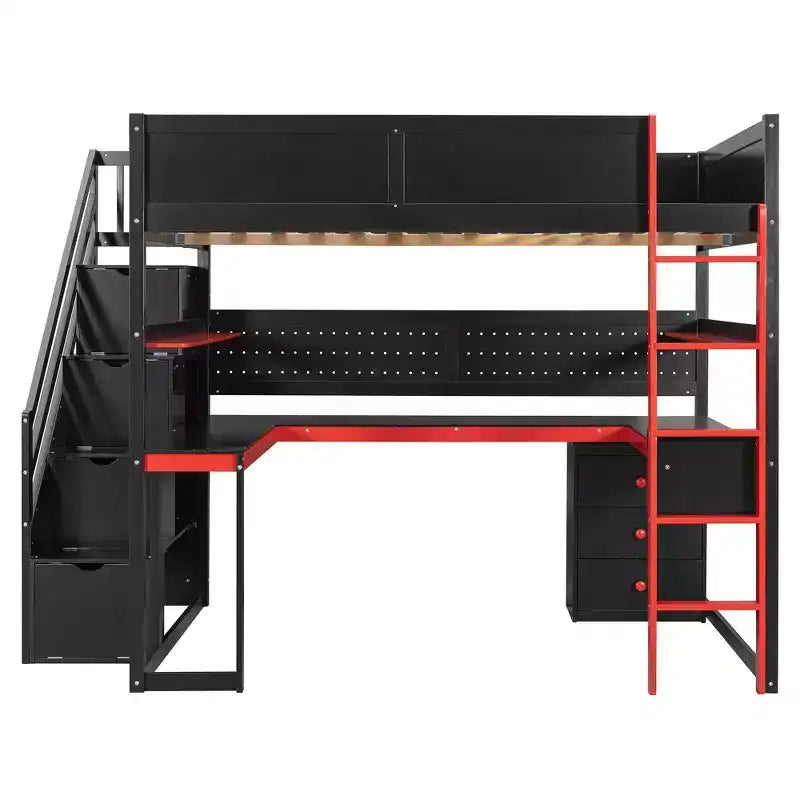 GDFStudio Scott Letto a Soppalco in Legno per Gaming con Scala Contenitore, Scrivania, Mensole e Pannello Forato