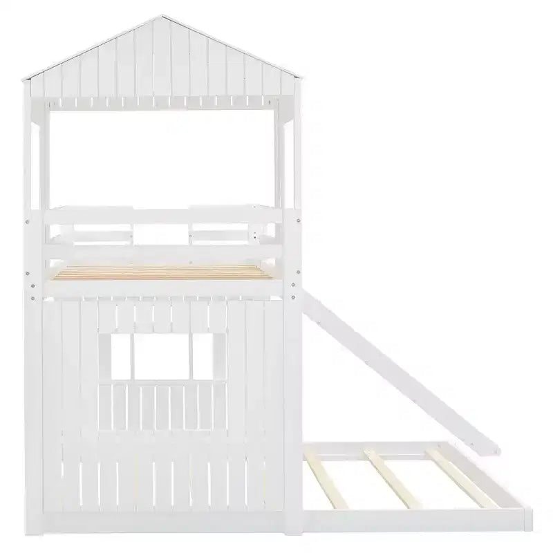 Letto a castello in legno Luxystar Twin Over Full con casetta da gioco, scivolo e sponde di protezione