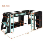 Letto a soppalco a L da gaming con scrivanie, letti a soppalco doppi con luci LED, porte USB, scaffali portaoggetti, letto a soppalco ad angolo in legno per 2
