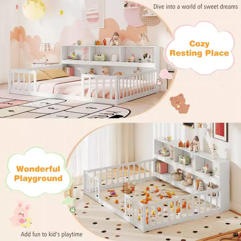 Letto a terra Montessori per materasso singolo/una piazza e mezza con libreria, ripiani e sponde di sicurezza bianco/grigio