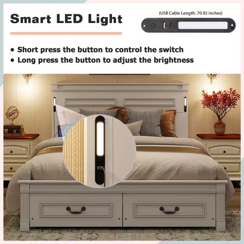 ModernLuxe Letto a Piattaforma Queen/King Size con Testiera Alta, Struttura Letto Rustica in Legno con 2 Cassetti, Luci LED e Porte USB