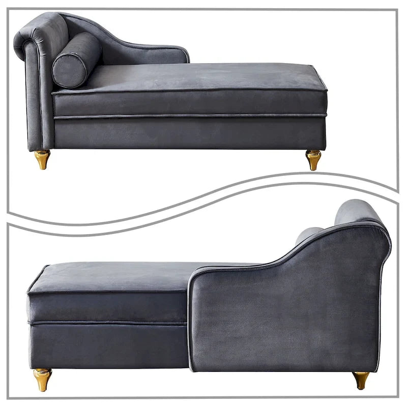 Sedia lunga da salotto francese elegante in velluto imbottito con cuscino e vano portaoggetti