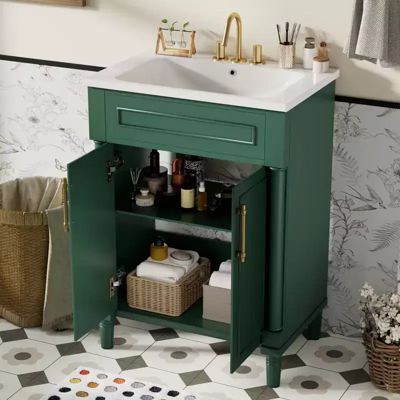 Mobiletto da bagno 61 cm con lavabo in ceramica, mobile stile shaker, 2 ante con chiusura ammortizzata, struttura in legno massello per bagno piccolo o bagno di servizio